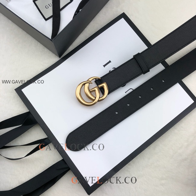 Gucci Black Leather Belt Retro Golden GG Buckle Size 35mm